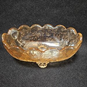 Vtg Jeanette Floral Amber Marigold Iridescent Carnival Glass Small  Footed Bowl
